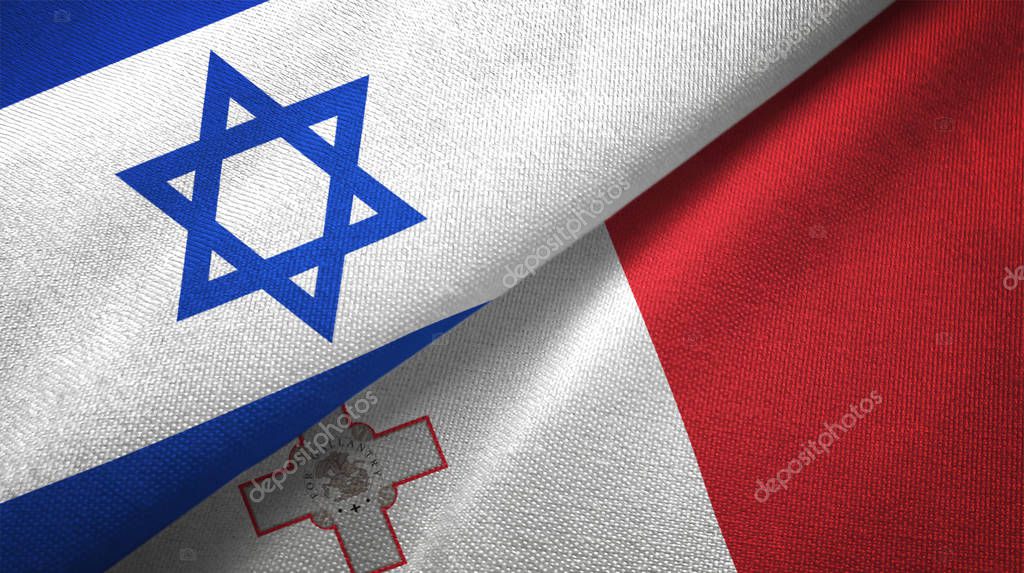 Israel and Malta flags together textile cloth, fabric texture