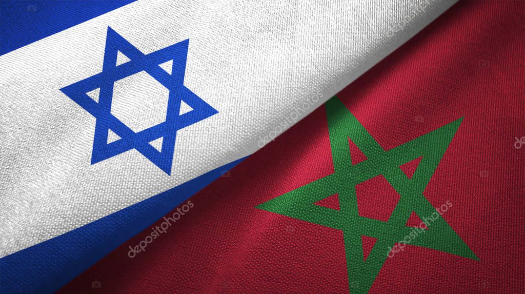 Israel and Morocco flags together textile cloth, fabric texture
