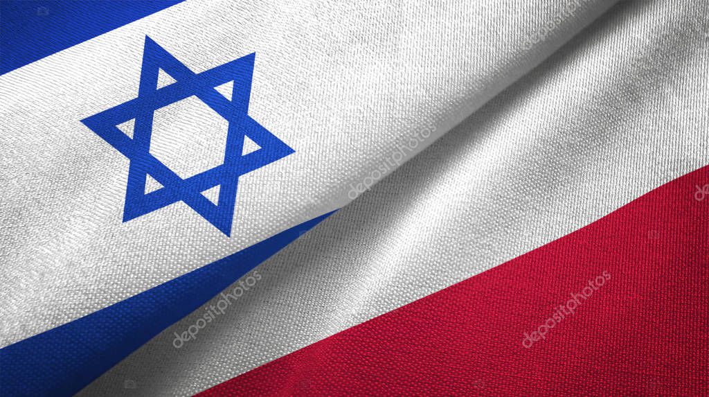 Israel and Poland flags together textile cloth, fabric texture