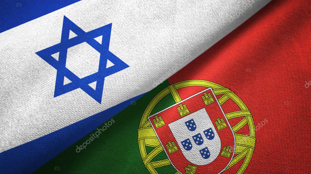 Israel and Portugal flags together textile cloth, fabric texture