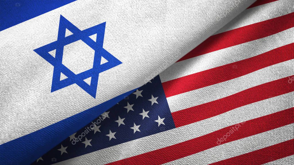 Israel and United States flags together textile cloth, fabric texture