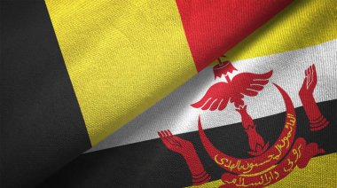 Belçika ve Brunei Darussalam bayrakları birlikte ilişkiler tekstil kumaş, kumaş dokusu. Metin brunei bayrağı anlamına gelir - her zaman Tanrı'nın rehberlik hizmetinde