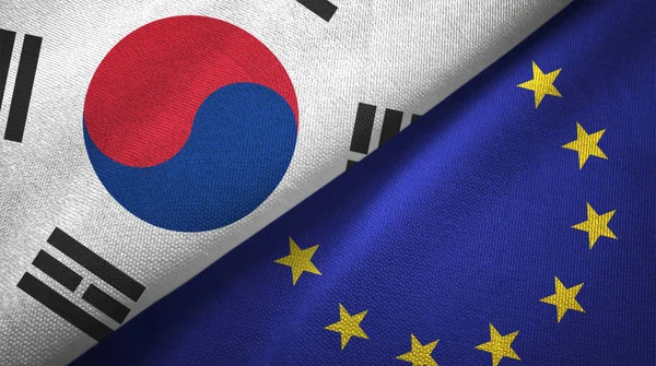 South Korea European Union Flags Together Textile Cloth Fabric Texture — Stock Photo, Image