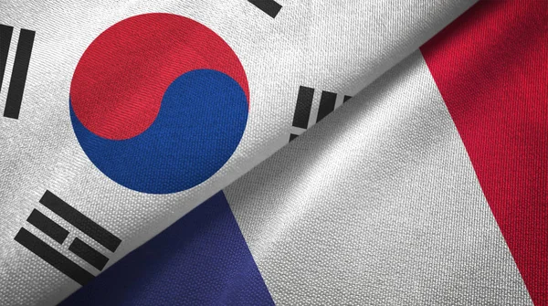 Sydkorea Och Frankrike Flaggor Grupp Textil Duk Tyg Textur — Stockfoto