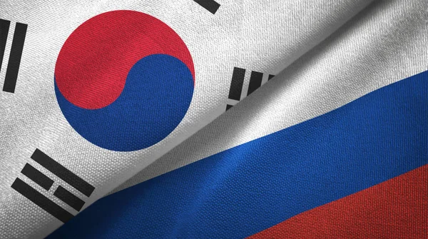 Corea Del Sud Russia Bandiere Insieme Panno Tessile Trama Del — Foto Stock