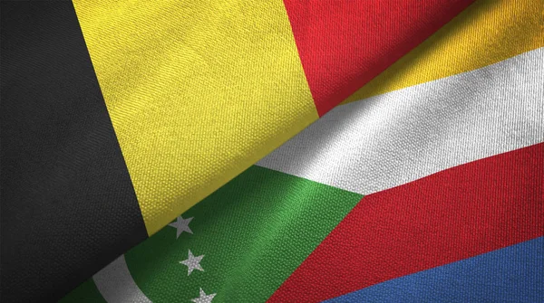 Bélgica Comores Duas Bandeiras Dobradas Juntas — Fotografia de Stock
