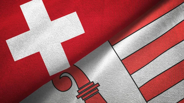 Suiza y Jura cantón dos banderas tela textil, textura de la tela —  Fotos de Stock