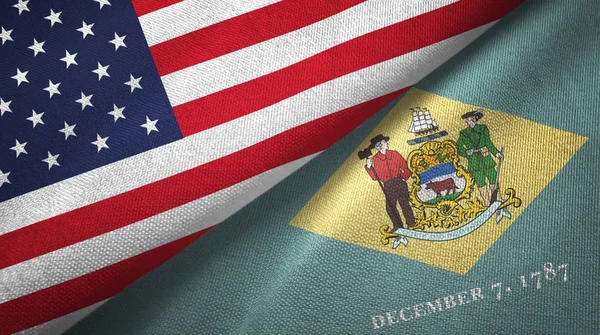 United States and Delaware state two flags textile cloth, fabric texture