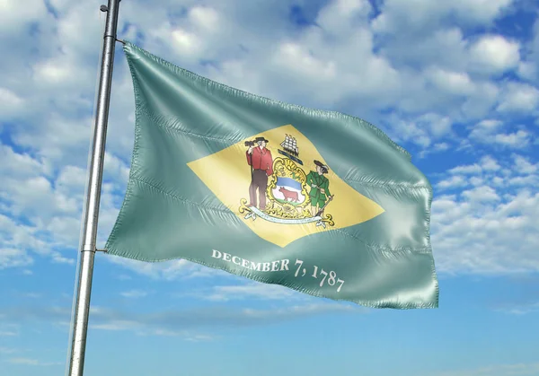 Delaware state of United States flag waving sky background 3D illustration