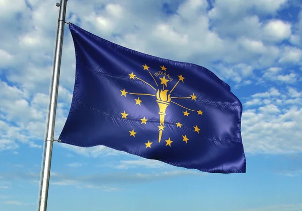 Indiana estado de Estados Unidos bandera ondeando cielo fondo 3D ilustración — Foto de Stock