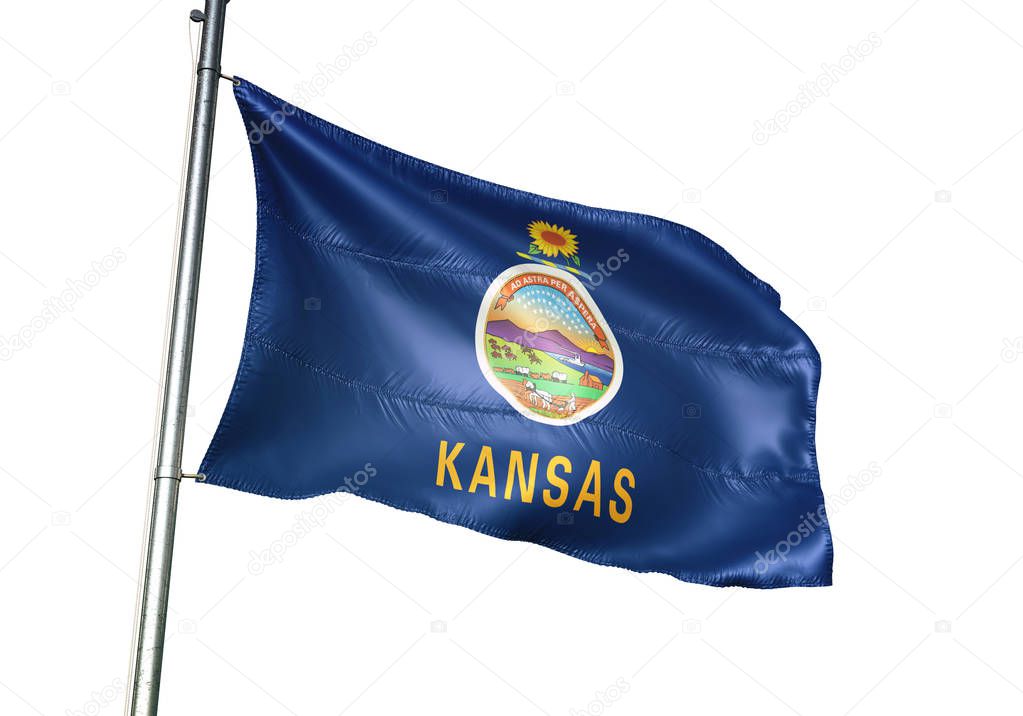 Kansas state of United States flag waving isolated white 3D illustration