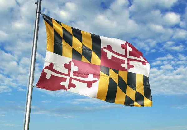 Maryland stát Spojených států vlajky vlající obloha pozadí 3d ilustrace — Stock fotografie