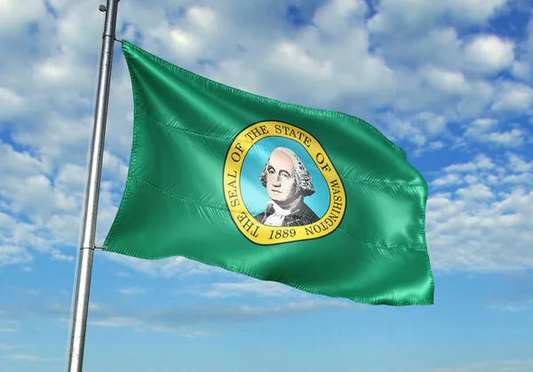 Washington staat van de Verenigde Staten vlag zwaaien hemel achtergrond 3d illustratie — Stockfoto