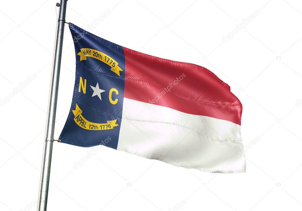 North Carolina state of United States flag waving isolated white 3D illustration
