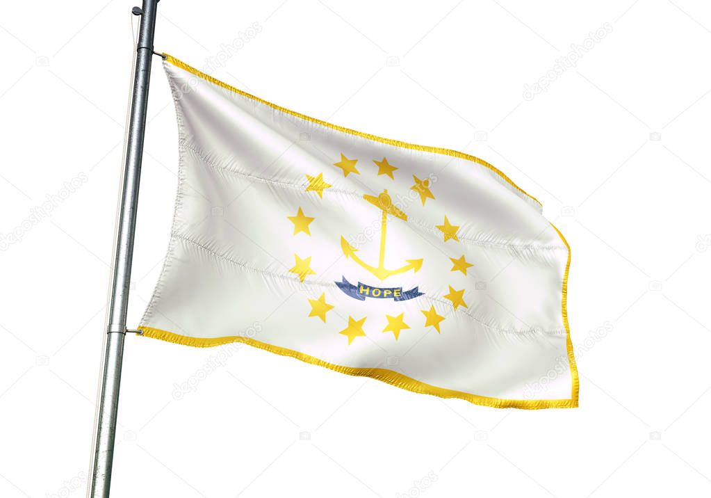 Rhode Island state of United States flag waving isolated white 3D illustration