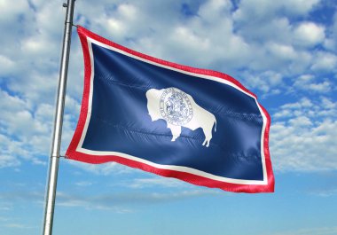 Wyoming eyalet ABD bayrağı sallayarak gökyüzü arka plan 3d çizim