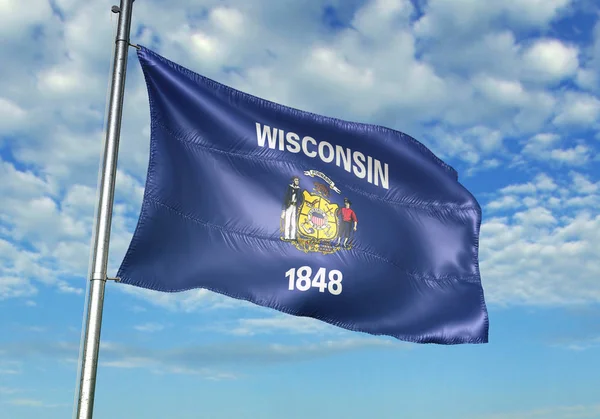 Wisconsin estado de Estados Unidos bandera ondeando cielo fondo 3D ilustración — Foto de Stock