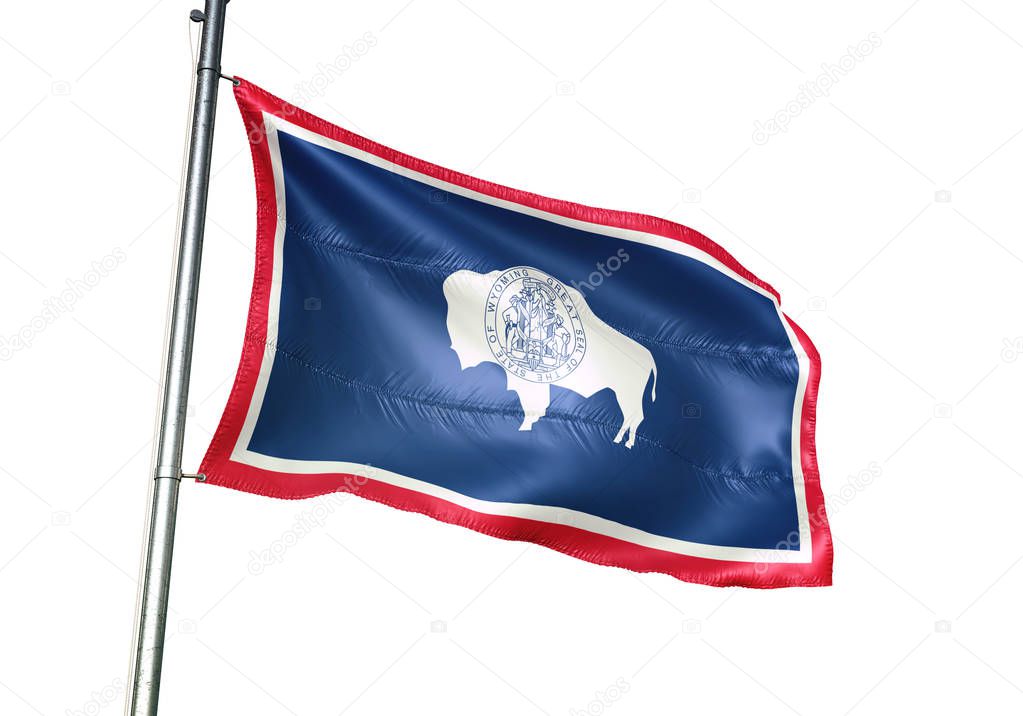 Wyoming state of United States flag waving isolated white 3D illustration
