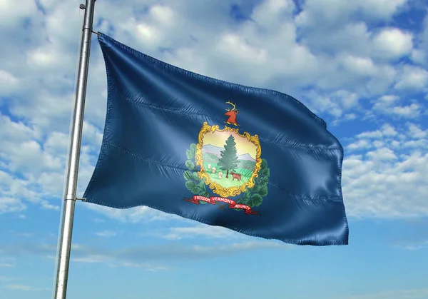 Wermont stát Spojených států vlajky vlající obloha pozadí 3d ilustrace — Stock fotografie
