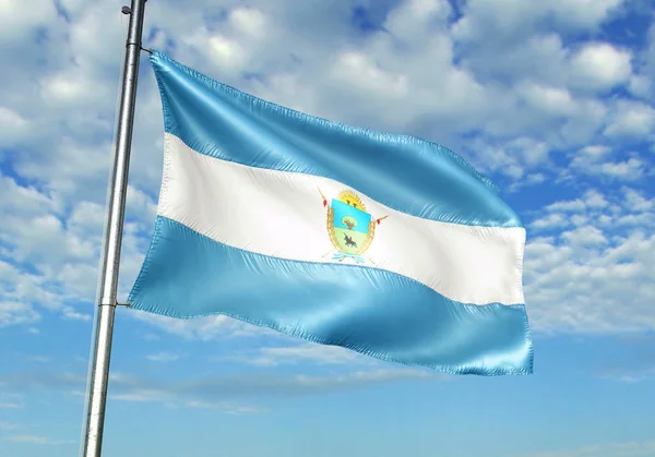 La Pampa província da Argentina bandeira acenando céu fundo ilustração 3D — Fotografia de Stock