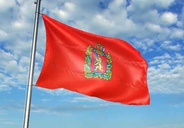 Kraj Krasnojarsk regio van Rusland vlag zwaaien hemel achtergrond 3d illustratie — Stockfoto