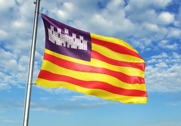 Ilhas Baleares da Espanha bandeira acenando céu fundo ilustração 3D — Fotografia de Stock