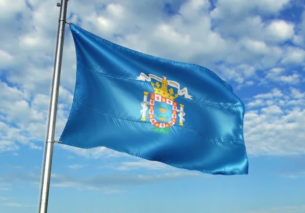 멜리야의 스페인 깃발을 물결치는 하늘 배경 3d 그림 — 스톡 사진