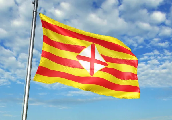 Barcelona İspanya il bayrak sallayarak gökyüzü arka plan 3d çizim — Stok fotoğraf