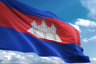 Kamboçya bayrağı sallayarak Sky 3d resimde arka plan