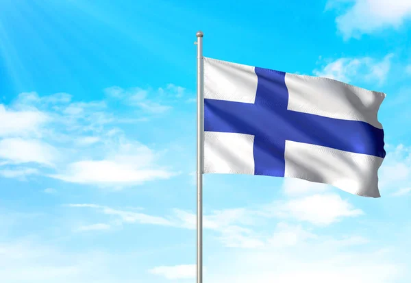 Финский флаг, размахивающий небом 3D иллюстрация — стоковое фото