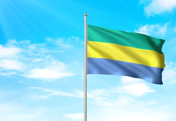 Gabons flagga vajande himmel bakgrund 3d illustration — Stockfoto
