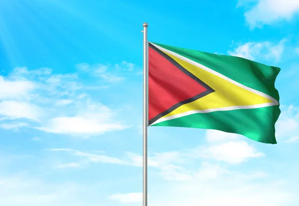 Bandera de Guyana ondeando cielo fondo 3D ilustración —  Fotos de Stock