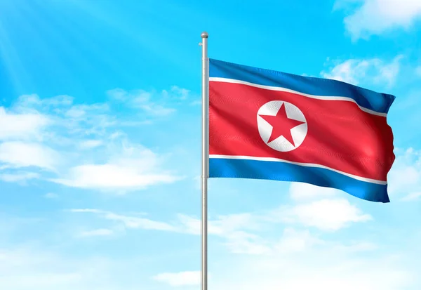 Noord-Korea vlag zwaaien hemel achtergrond 3d illustratie — Stockfoto