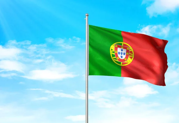 Πορτογαλία σημαία κυματίζει ουρανό φόντο εικόνα 3d — Φωτογραφία Αρχείου