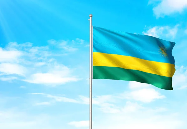 Bandera de Ruanda ondeando cielo fondo Ilustración 3D — Foto de Stock