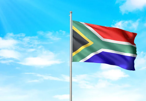 Bandera de Sudáfrica ondeando cielo fondo 3D ilustración — Foto de Stock