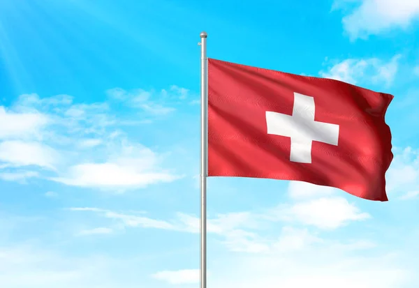 Zwitserland vlag zwaaien hemel achtergrond 3d illustratie — Stockfoto