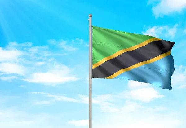 Флаг Танзании, размахивающий фоном неба 3D иллюстрация — стоковое фото