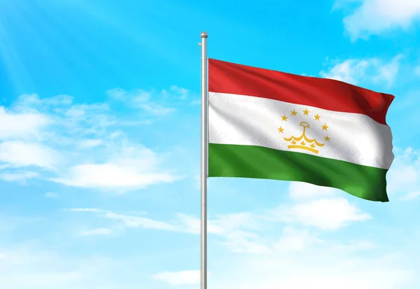 타지 키스탄 국기 흔드는 하늘 배경 3d 그림 — 스톡 사진