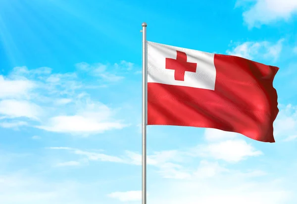 Tonga flag waving sky background 3D illustration
