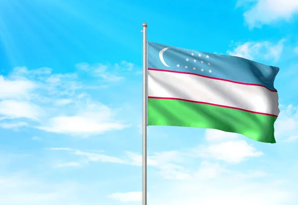 Üzbegisztán zászlót lengetve ég háttér, 3D-s illusztráció — Stock Fotó