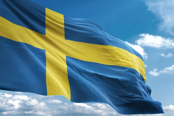 İsveç bayrağı sallayarak Sky 3d resimde arka plan — Stok fotoğraf