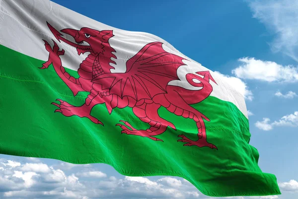Wales vlag zwaaien hemel achtergrond 3d illustratie — Stockfoto