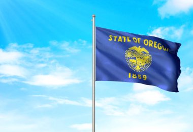 Oregon state, Amerika Birleşik Devletleri bayrağı sallayarak gökyüzü arka plan 3d çizim
