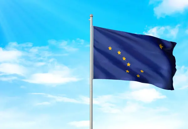 Alaska state of United States flag waving sky background 3D illustration — Stock Photo, Image