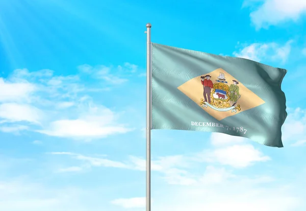 Delaware state of United States flag waving sky background 3D illustration