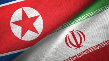 North Korea and Iran two flags textile cloth, fabric texture clipart