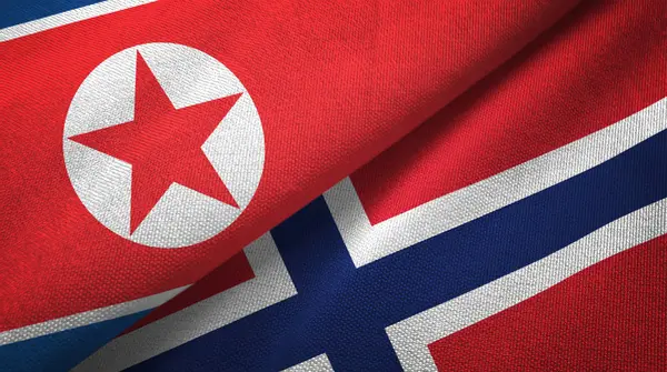 North Korea and Norway two flags textile cloth, fabric texture — Stock Photo, Image