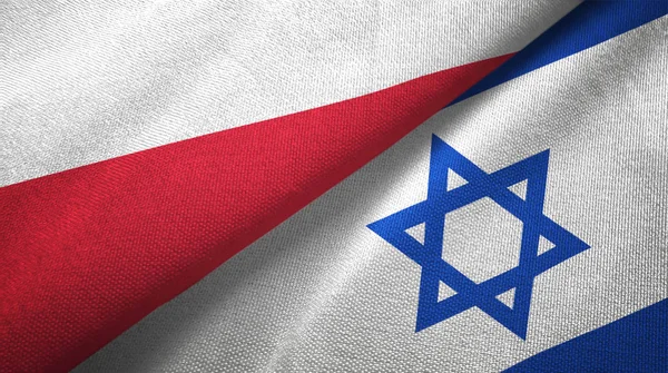 Polska i Izrael dwie flagi tkanina tekstylna, tekstura tkaniny — Zdjęcie stockowe