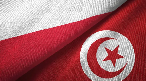 Polonia y Túnez dos banderas tela textil, textura de la tela —  Fotos de Stock